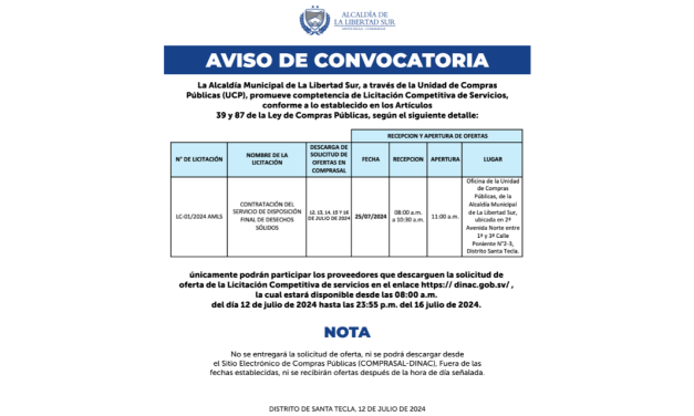 Aviso de Convocatoria: Licitación Competitiva de Servicios para la Disposición Final de Desechos Sólidos