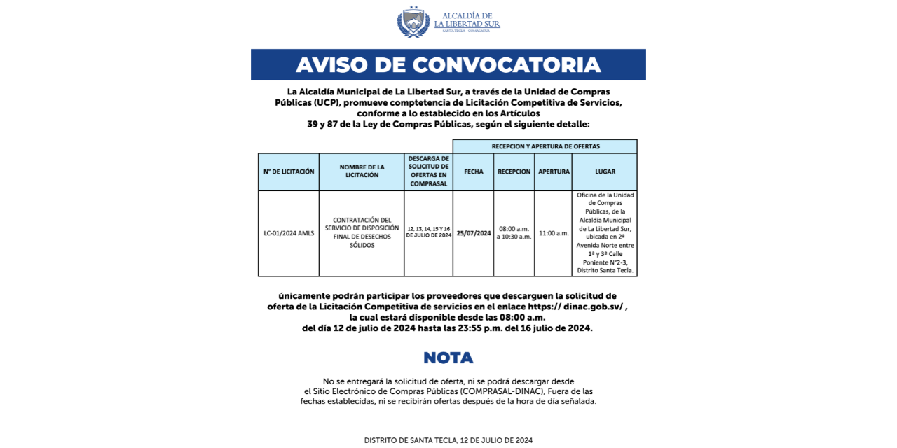Aviso de Convocatoria: Licitación Competitiva de Servicios para la Disposición Final de Desechos Sólidos